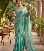 sky blue chiffon embroidered saree with thread work