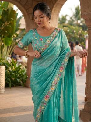 sky blue chiffon embroidered saree with thread work 2