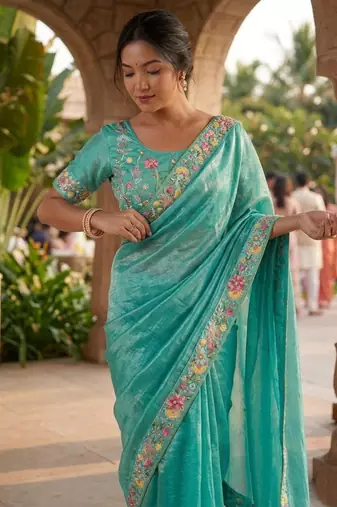 sky blue chiffon embroidered saree with thread work