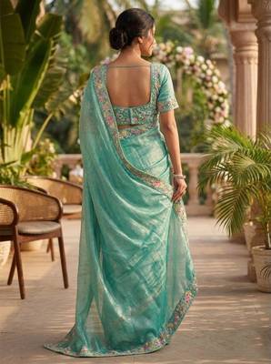 sky blue chiffon embroidered saree with thread work 3