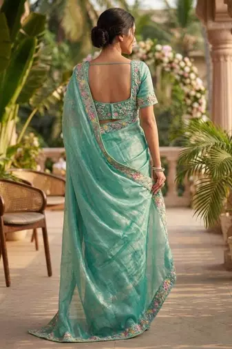 sky blue chiffon embroidered saree with thread work