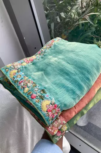 sky blue chiffon embroidered saree with thread work