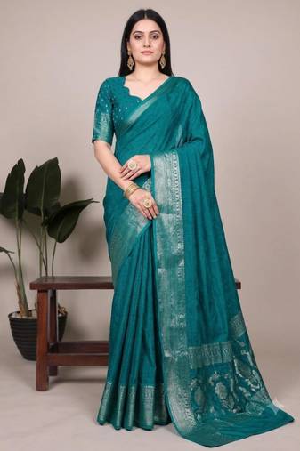 Teal art silk woven saree with zari work