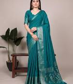 Teal art silk woven saree with zari work