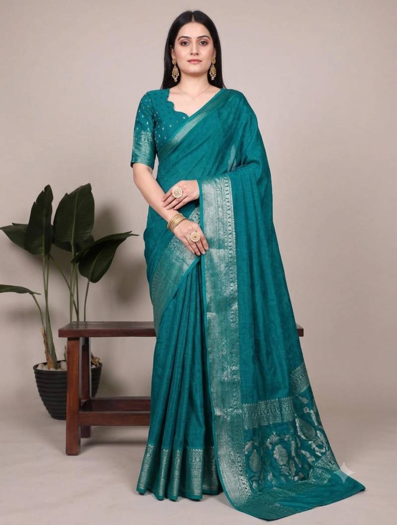 Teal art silk woven saree with zari work