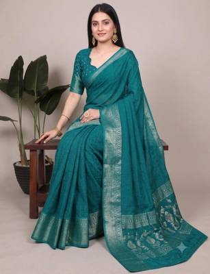 Teal art silk woven saree with zari work 2
