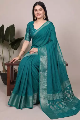 Teal art silk woven saree with zari work