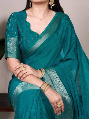 Teal art silk woven saree with zari work 3
