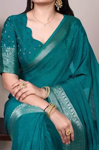 Teal art silk woven saree with zari work