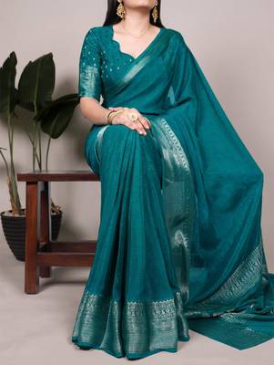 Teal art silk woven saree with zari work 4