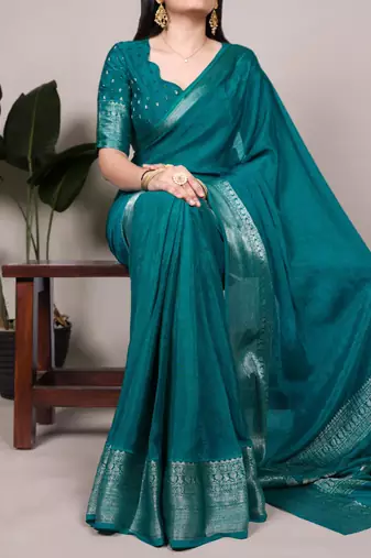 Teal art silk woven saree with zari work