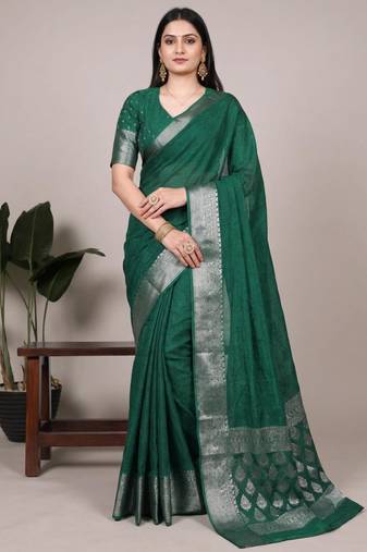 Green art silk woven saree with zari work