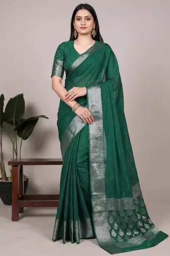 Green art silk woven saree with zari work