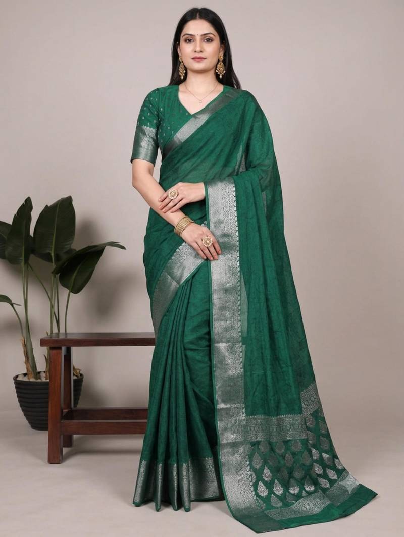 Green art silk woven saree with zari work