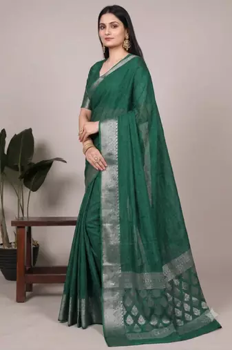 Green art silk woven saree with zari work