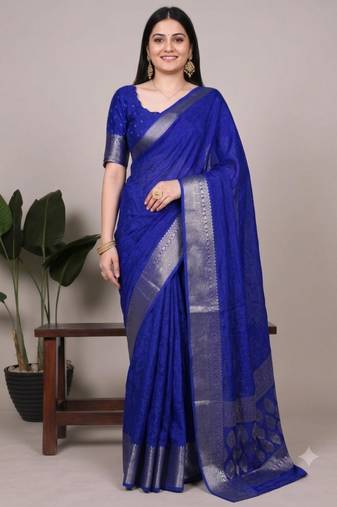 Royal blue art silk woven saree with zari work