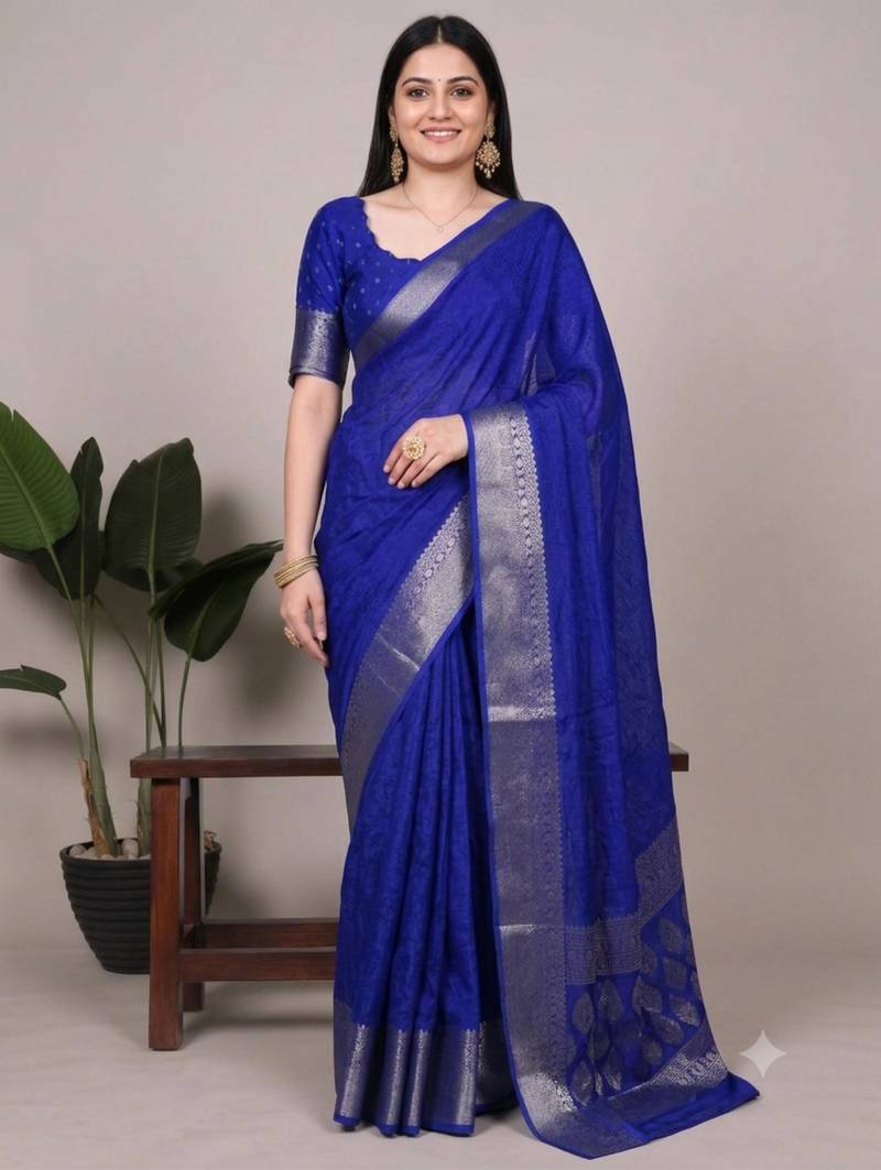 Royal blue art silk woven saree with zari work