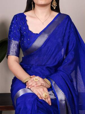 Royal blue art silk woven saree with zari work 3
