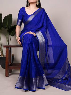 Royal blue art silk woven saree with zari work 4