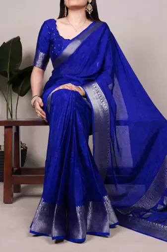 Royal blue art silk woven saree with zari work