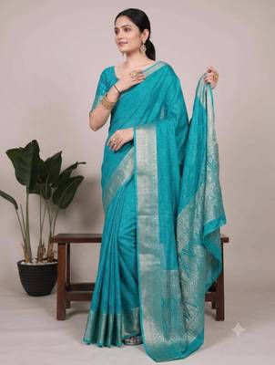 turquoise art silk zari woven saree 1