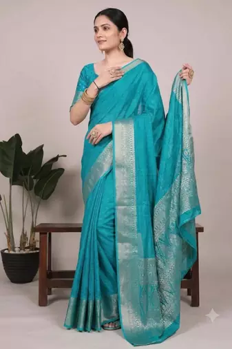turquoise art silk zari woven saree