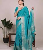 turquoise art silk zari woven saree