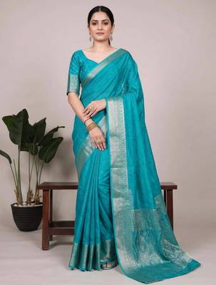 turquoise art silk zari woven saree 2