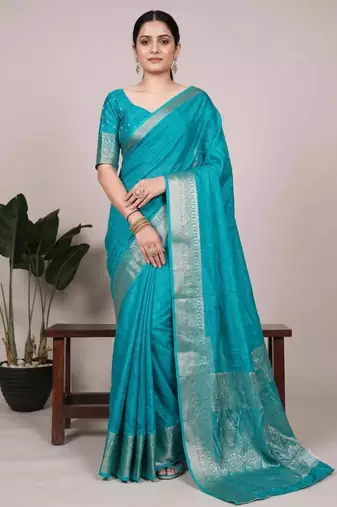 turquoise art silk zari woven saree