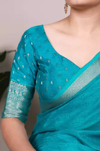 turquoise art silk zari woven saree