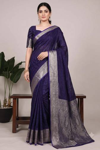 navy blue art silk zari woven saree
