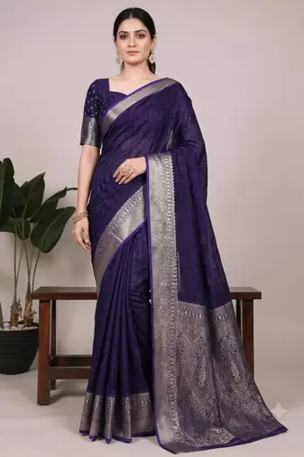 navy blue art silk zari woven saree