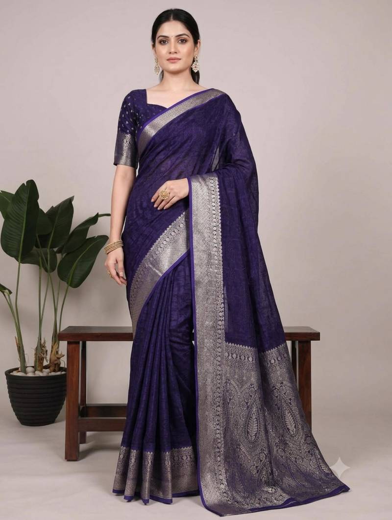 navy blue art silk zari woven saree