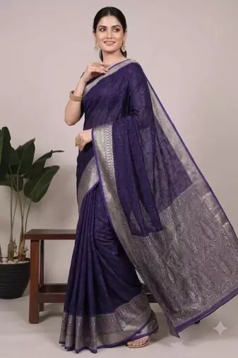 navy blue art silk zari woven saree