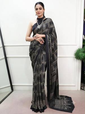 black satin  printed  saree with geometric print 1