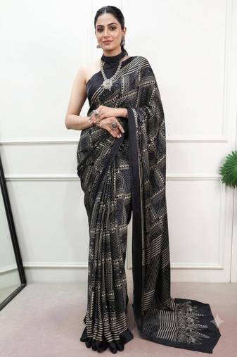 black satin  printed  saree with geometric print