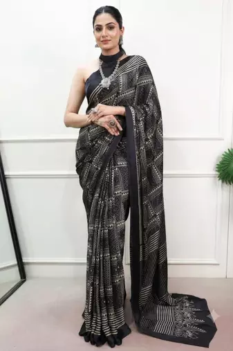 black satin  printed  saree with geometric print