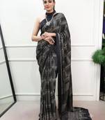 black satin  printed  saree with geometric print