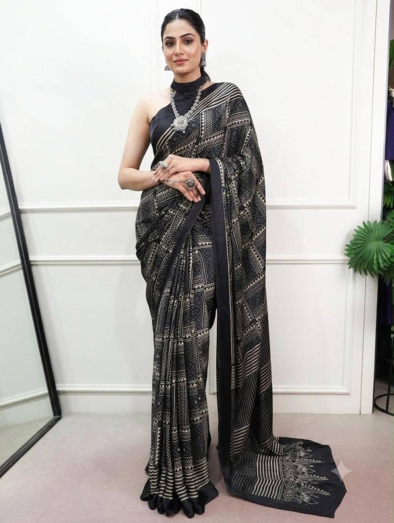 black satin  printed  saree with geometric print
