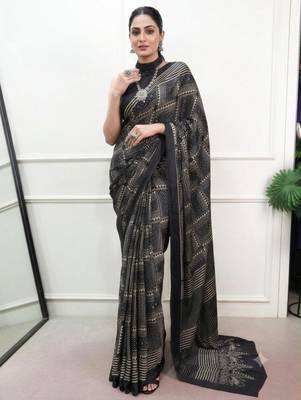 black satin  printed  saree with geometric print 2