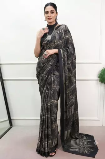black satin  printed  saree with geometric print