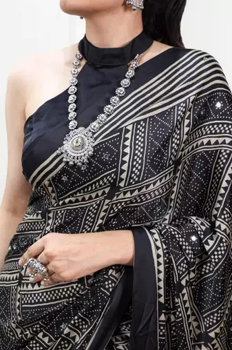 black satin  printed  saree with geometric print