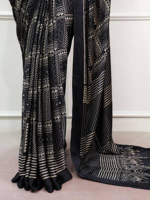 black satin  printed  saree with geometric print 4