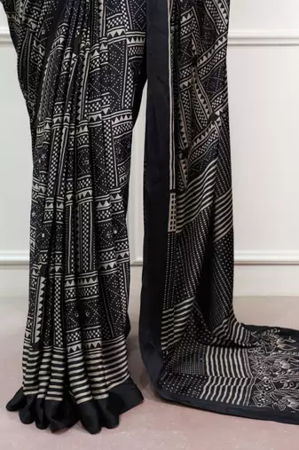 black satin  printed  saree with geometric print