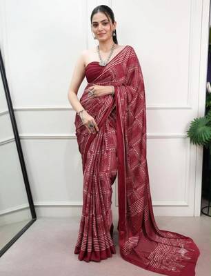 maroon satin  printed  saree with geometric print 1