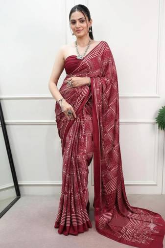 maroon satin  printed  saree with geometric print