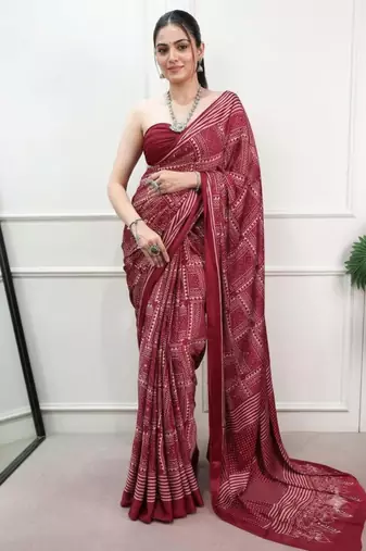 maroon satin  printed  saree with geometric print