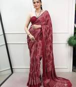 maroon satin  printed  saree with geometric print