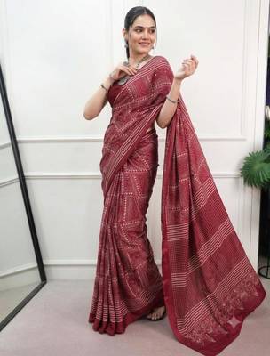 maroon satin  printed  saree with geometric print 2