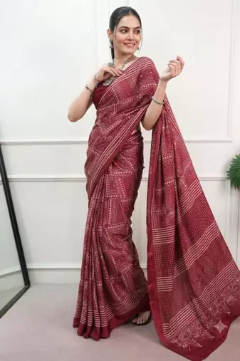maroon satin  printed  saree with geometric print